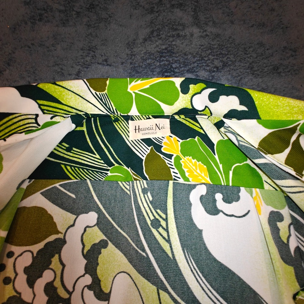 Vintage 1960s Hawaii Nei Honolulu Green Floral Aloha Shirt Big Collar Mens S/M - Picture 10 of 13